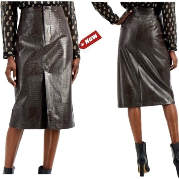 INC International Concepts Brown Reptile Embossed faux leather Pencil Skirt 6 - Picture 1 of 14